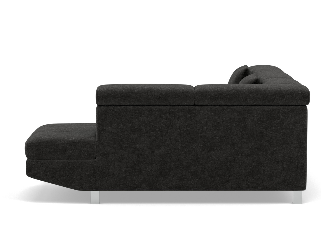 Canapé d'angle droit 5 places convertible avec coffre et têtières réglables en velours texturé Margaux Canapé d'angle droit 5 places convertible avec coffre et têtières réglables en velours texturé Margaux