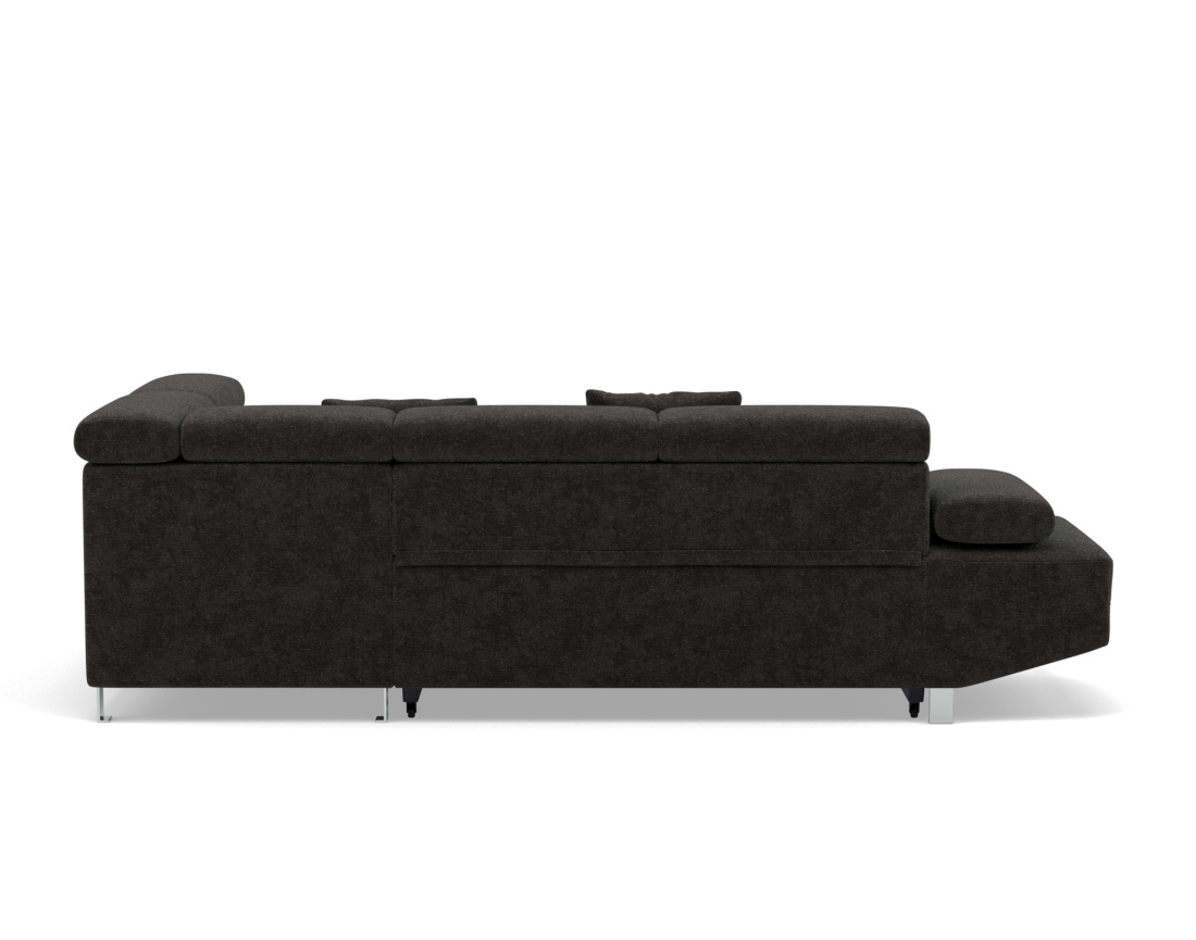 Canapé d'angle droit 5 places convertible avec coffre et têtières réglables en velours texturé Margaux Canapé d'angle droit 5 places convertible avec coffre et têtières réglables en velours texturé Margaux