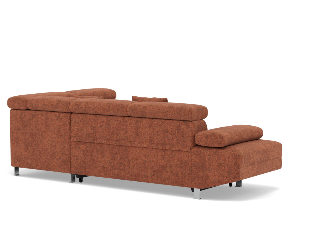 Canapé d'angle droit 5 places convertible avec coffre et têtières réglables en velours texturé Margaux Canapé d'angle droit 5 places convertible avec coffre et têtières réglables en velours texturé Margaux
