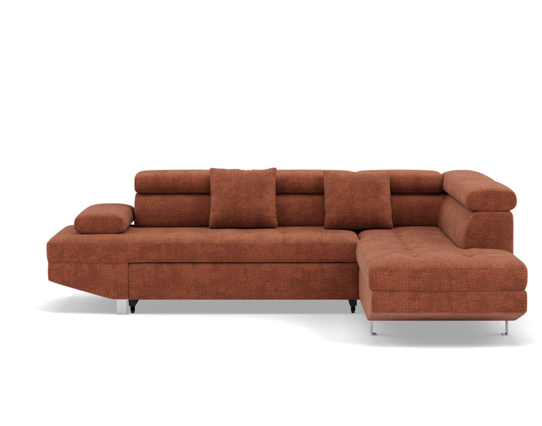 Canapé d'angle droit 5 places convertible avec coffre et têtières réglables en velours texturé Margaux Canapé d'angle droit 5 places convertible avec coffre et têtières réglables en velours texturé Margaux