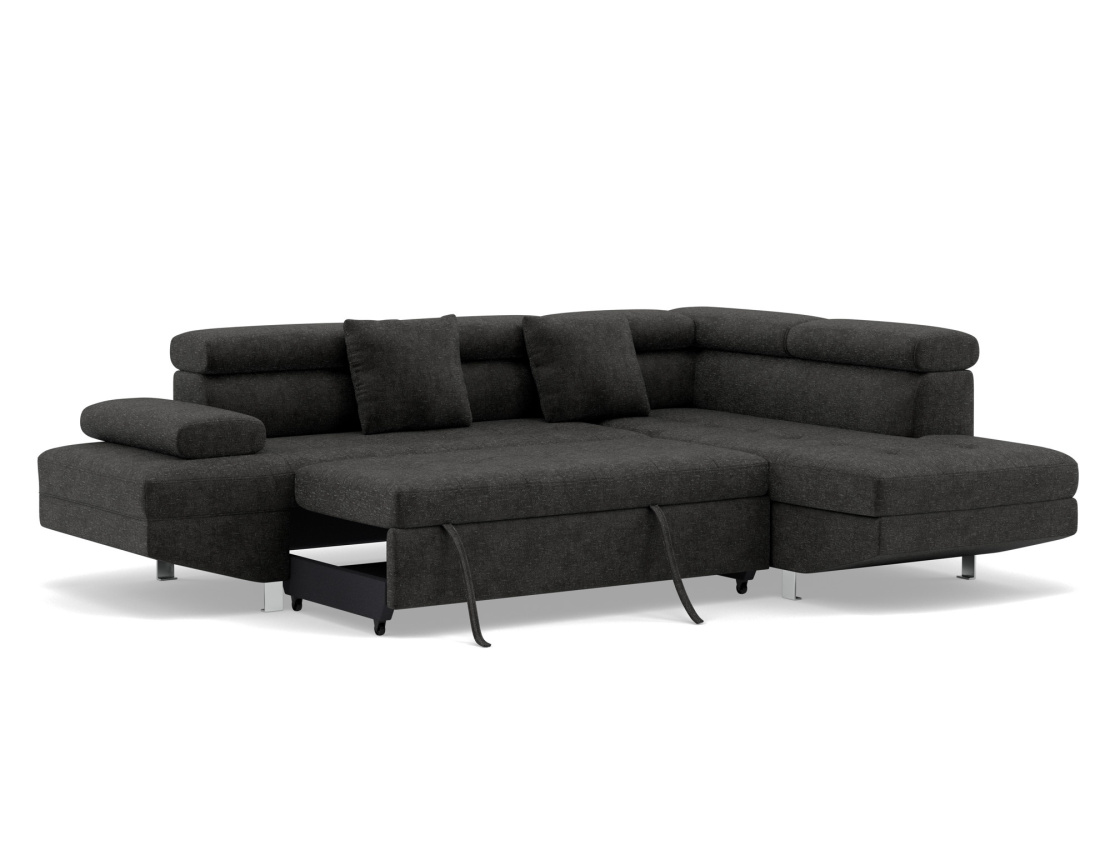 Canapé d'angle droit 5 places convertible avec coffre et têtières réglables en velours texturé Margaux Canapé d'angle droit 5 places convertible avec coffre et têtières réglables en velours texturé Margaux