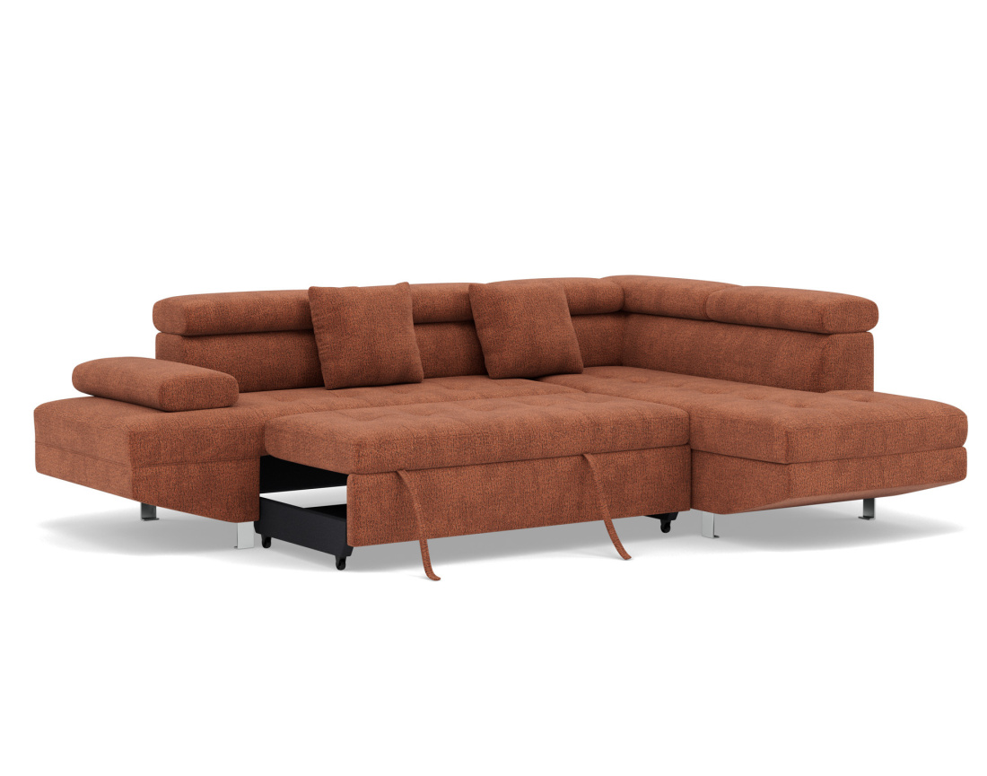 Canapé d'angle droit 5 places convertible avec coffre et têtières réglables en velours texturé Margaux Canapé d'angle droit 5 places convertible avec coffre et têtières réglables en velours texturé Margaux