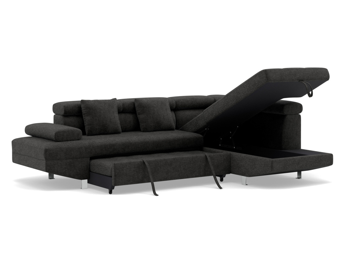 Canapé d'angle droit 5 places convertible avec coffre et têtières réglables en velours texturé Margaux Canapé d'angle droit 5 places convertible avec coffre et têtières réglables en velours texturé Margaux