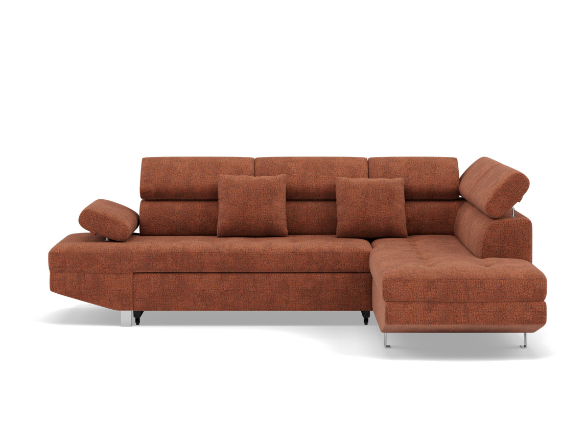 Canapé d'angle droit 5 places convertible avec coffre et têtières réglables en velours texturé Margaux Canapé d'angle droit 5 places convertible avec coffre et têtières réglables en velours texturé Margaux