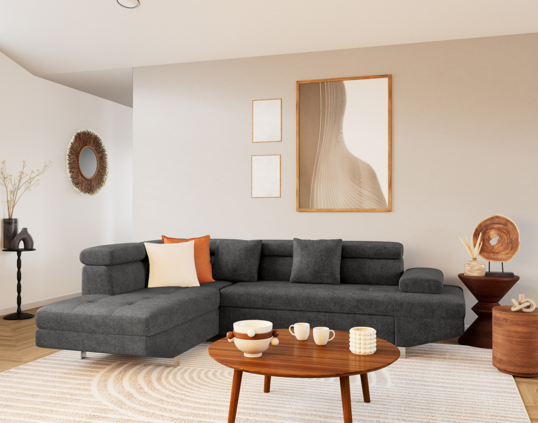 Canapé d'angle gauche 5 places convertible avec coffre et têtières réglables en velours texturé Margaux Canapé d'angle gauche 5 places convertible avec coffre et têtières réglables en velours texturé Margaux