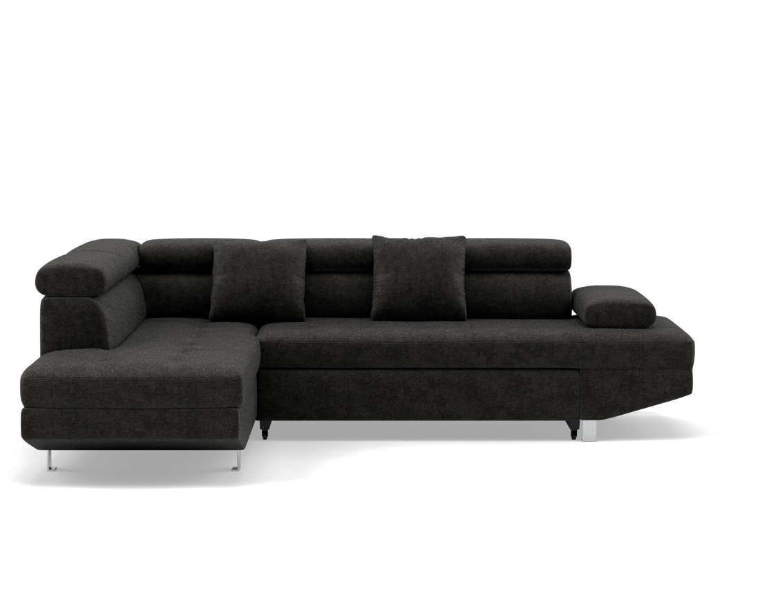 Canapé d'angle gauche 5 places convertible avec coffre et têtières réglables en velours texturé Margaux Canapé d'angle gauche 5 places convertible avec coffre et têtières réglables en velours texturé Margaux