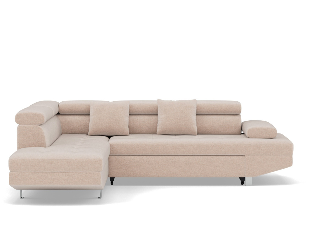 Canapé d'angle gauche 5 places convertible avec coffre et têtières réglables en velours texturé Margaux Canapé d'angle gauche 5 places convertible avec coffre et têtières réglables en velours texturé Margaux