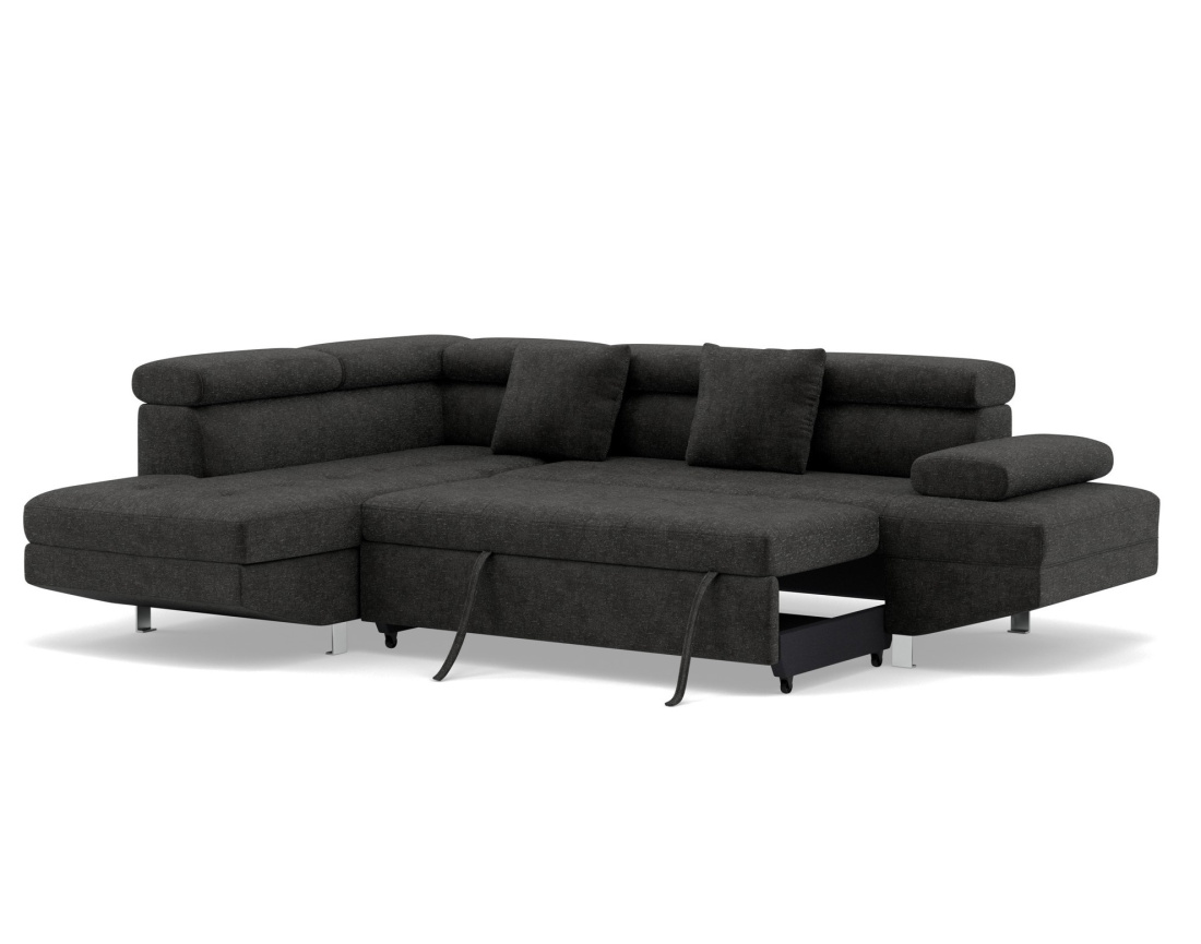 Canapé d'angle gauche 5 places convertible avec coffre et têtières réglables en velours texturé Margaux Canapé d'angle gauche 5 places convertible avec coffre et têtières réglables en velours texturé Margaux