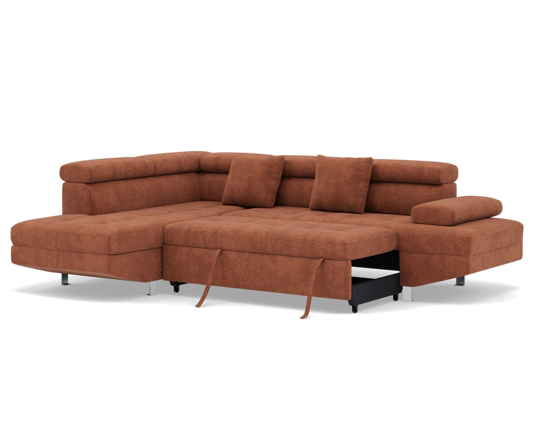 Canapé d'angle gauche 5 places convertible avec coffre et têtières réglables en velours texturé Margaux Canapé d'angle gauche 5 places convertible avec coffre et têtières réglables en velours texturé Margaux