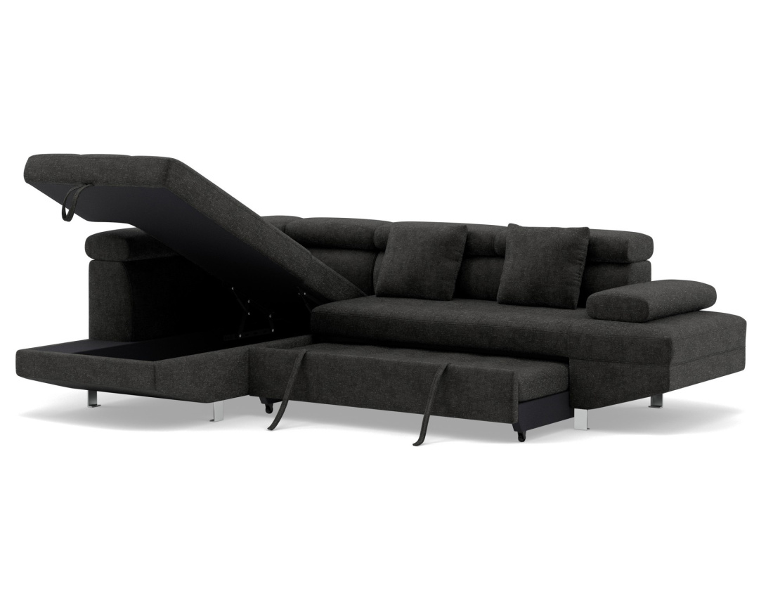 Canapé d'angle gauche 5 places convertible avec coffre et têtières réglables en velours texturé Margaux Canapé d'angle gauche 5 places convertible avec coffre et têtières réglables en velours texturé Margaux