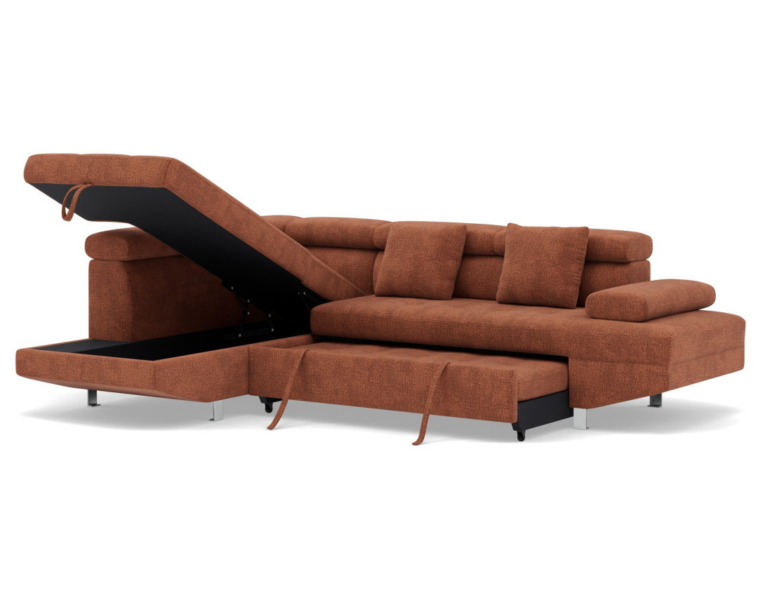 Canapé d'angle gauche 5 places convertible avec coffre et têtières réglables en velours texturé Margaux Canapé d'angle gauche 5 places convertible avec coffre et têtières réglables en velours texturé Margaux