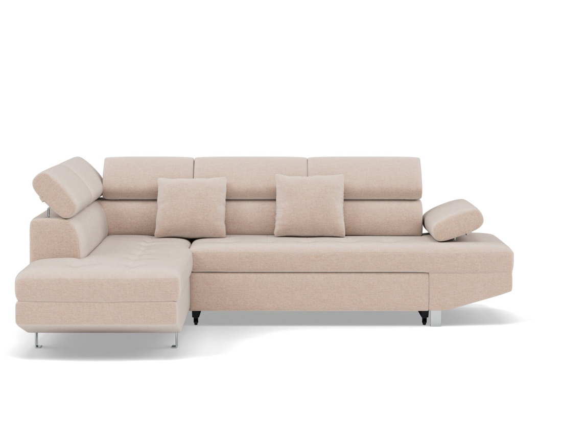 Canapé d'angle gauche 5 places convertible avec coffre et têtières réglables en velours texturé Margaux Canapé d'angle gauche 5 places convertible avec coffre et têtières réglables en velours texturé Margaux