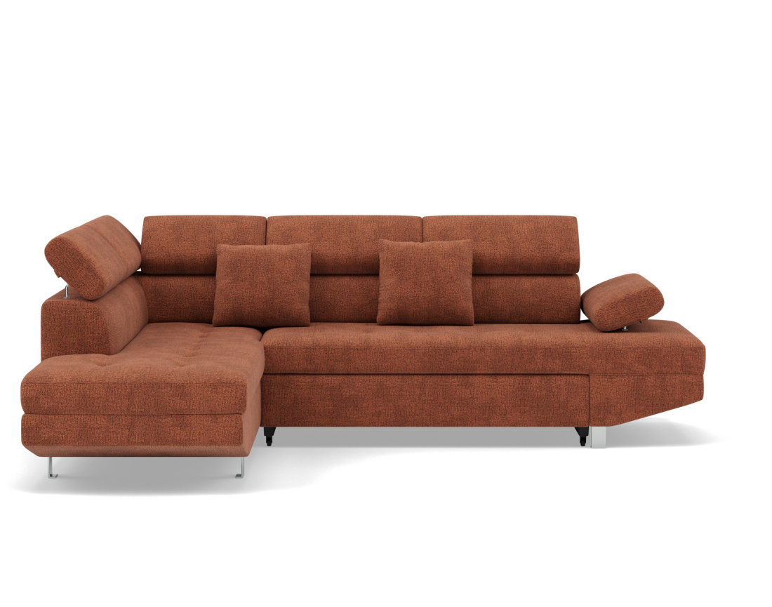 Canapé d'angle gauche 5 places convertible avec coffre et têtières réglables en velours texturé Margaux Canapé d'angle gauche 5 places convertible avec coffre et têtières réglables en velours texturé Margaux
