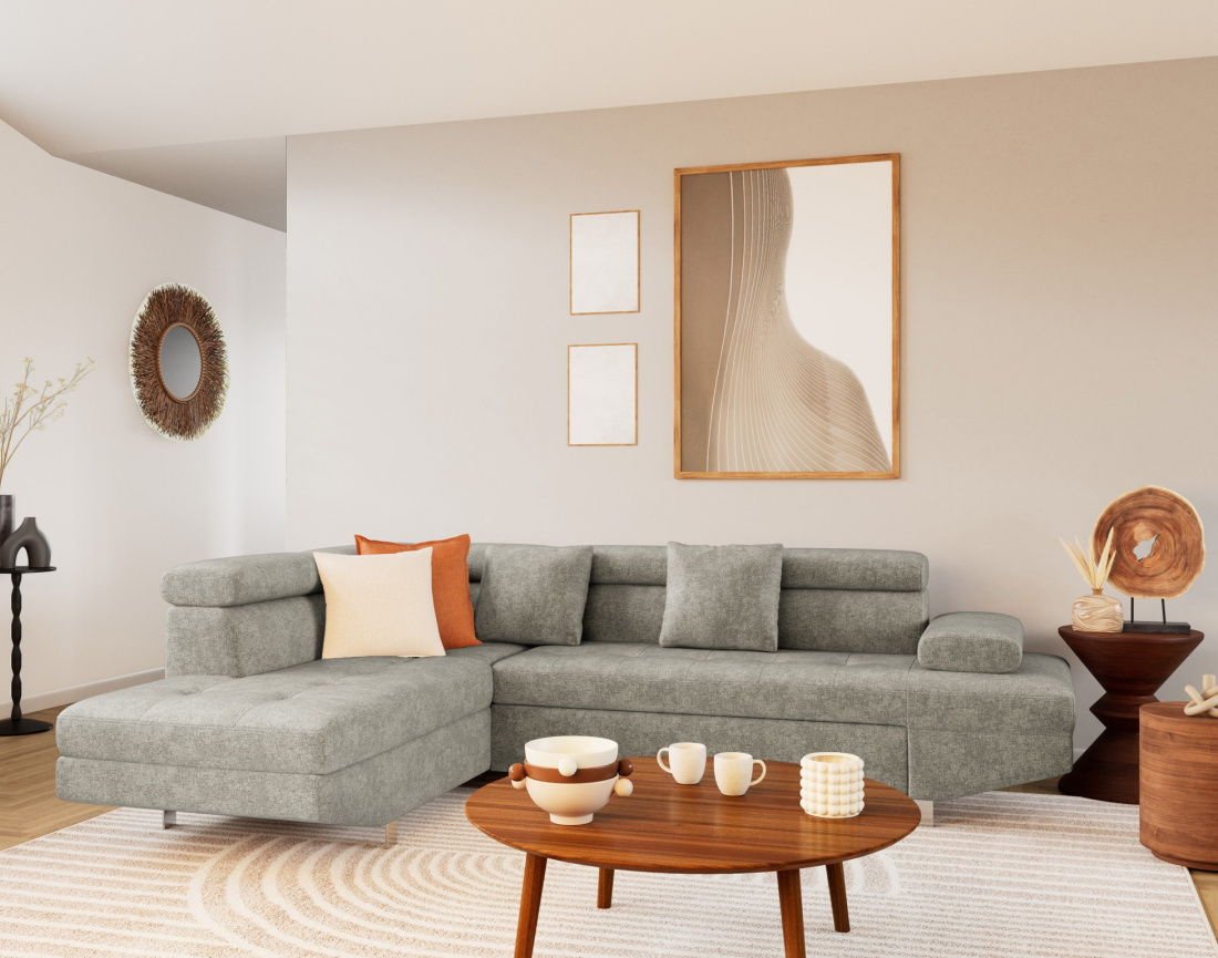 Canapé d'angle gauche 5 places convertible avec coffre et têtières réglables en velours texturé Margaux