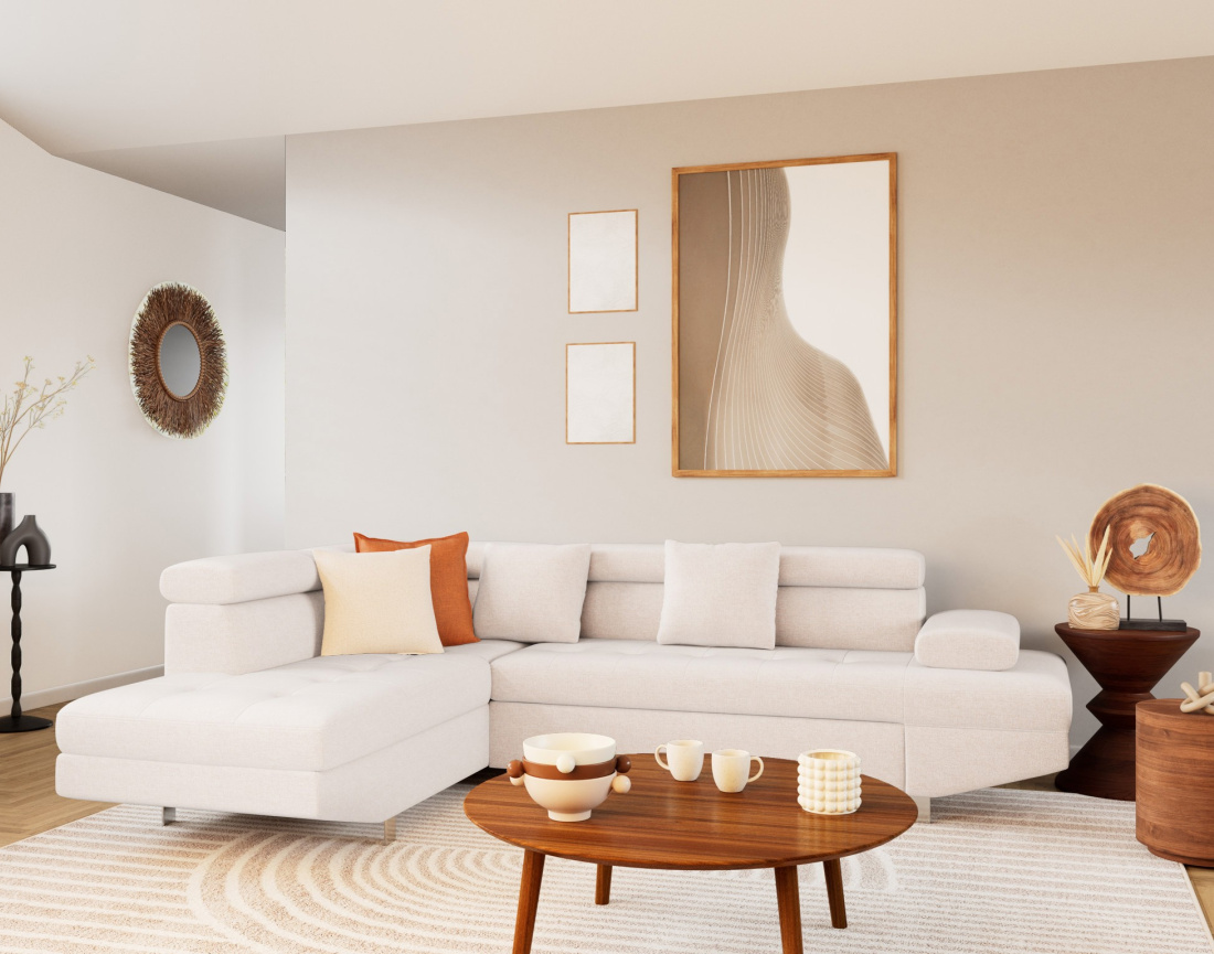 Canapé d'angle gauche 5 places convertible avec coffre et têtières réglables en velours texturé Margaux Canapé d'angle gauche 5 places convertible avec coffre et têtières réglables en velours texturé Margaux