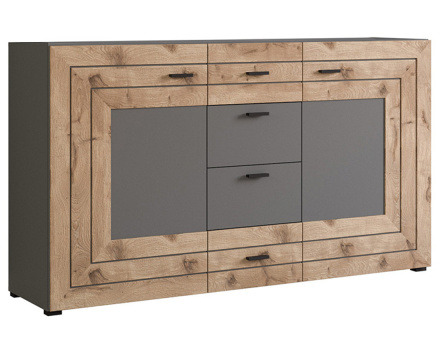 Buffet bas gris et bois 4 tiroirs et 2 portes 160 cm Wexford