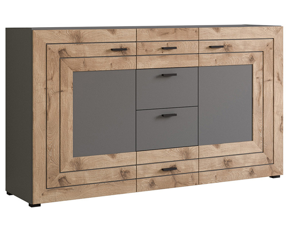 Buffet bas gris et bois 4 tiroirs et 2 portes 160 cm Wexford