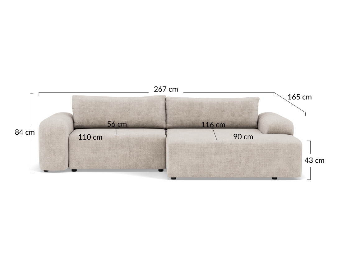 Canapé d'angle droit 4 places convertible avec coffre en velours texturé Rebecca