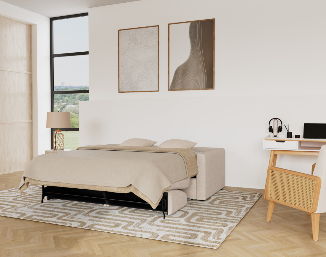 Canapé 3 places convertible couchage quotidien matelas 18 cm en tissu Julia