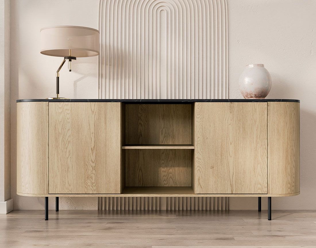 Buffet bas 184 cm 2 portes, 2 niches et 2 étagères plateau effet marbre Sansa