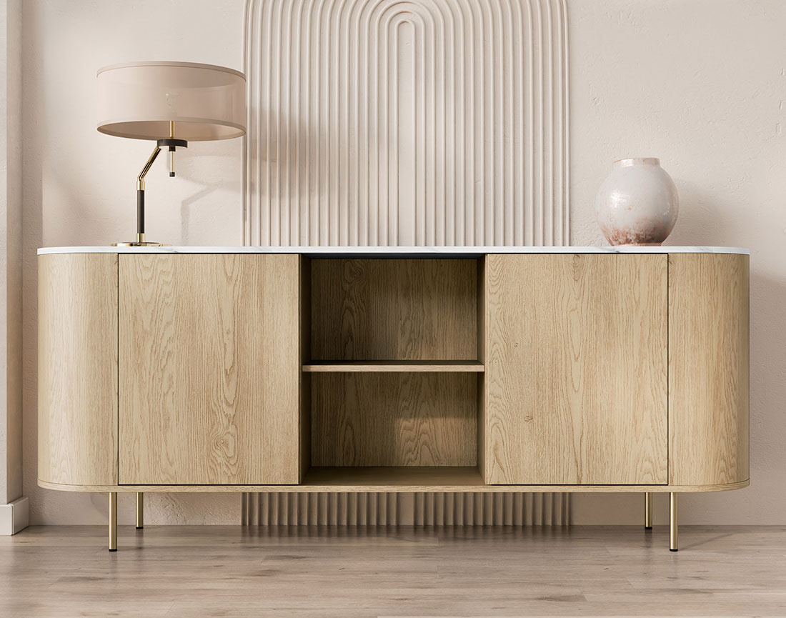 Buffet bas 184 cm 2 portes, 2 niches et 2 étagères plateau effet marbre Sansa