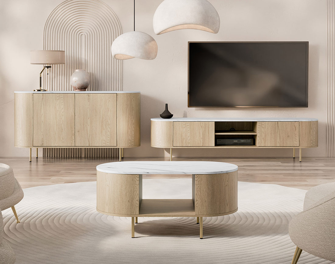 Buffet bas 139 cm 2 portes et 1 étagère plateau effet marbre Sansa