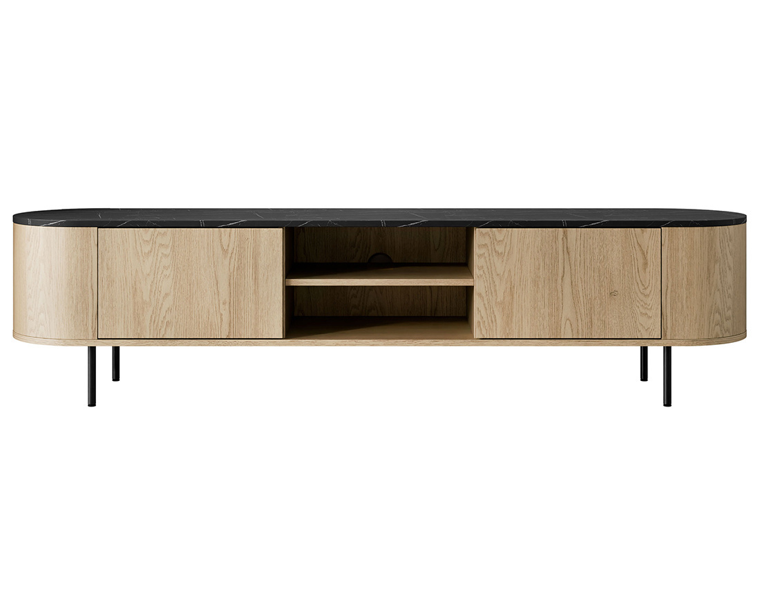 Meuble tv 184 cm 2 portes et 2 niches plateau effet marbre Sansa