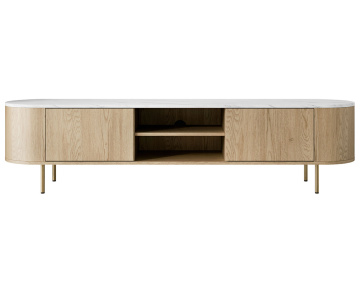 Meuble tv 184 cm 2 portes et 2 niches plateau effet marbre Sansa