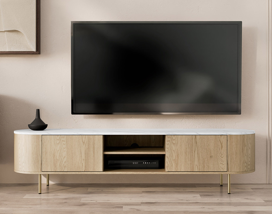 Meuble tv 184 cm 2 portes et 2 niches plateau effet marbre Sansa