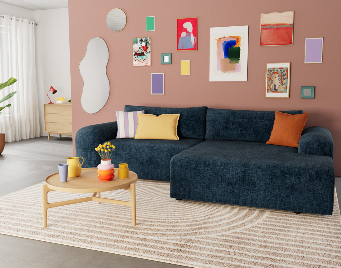 Canapé d'angle droit 4 places convertible avec coffre en velours texturé Rebecca