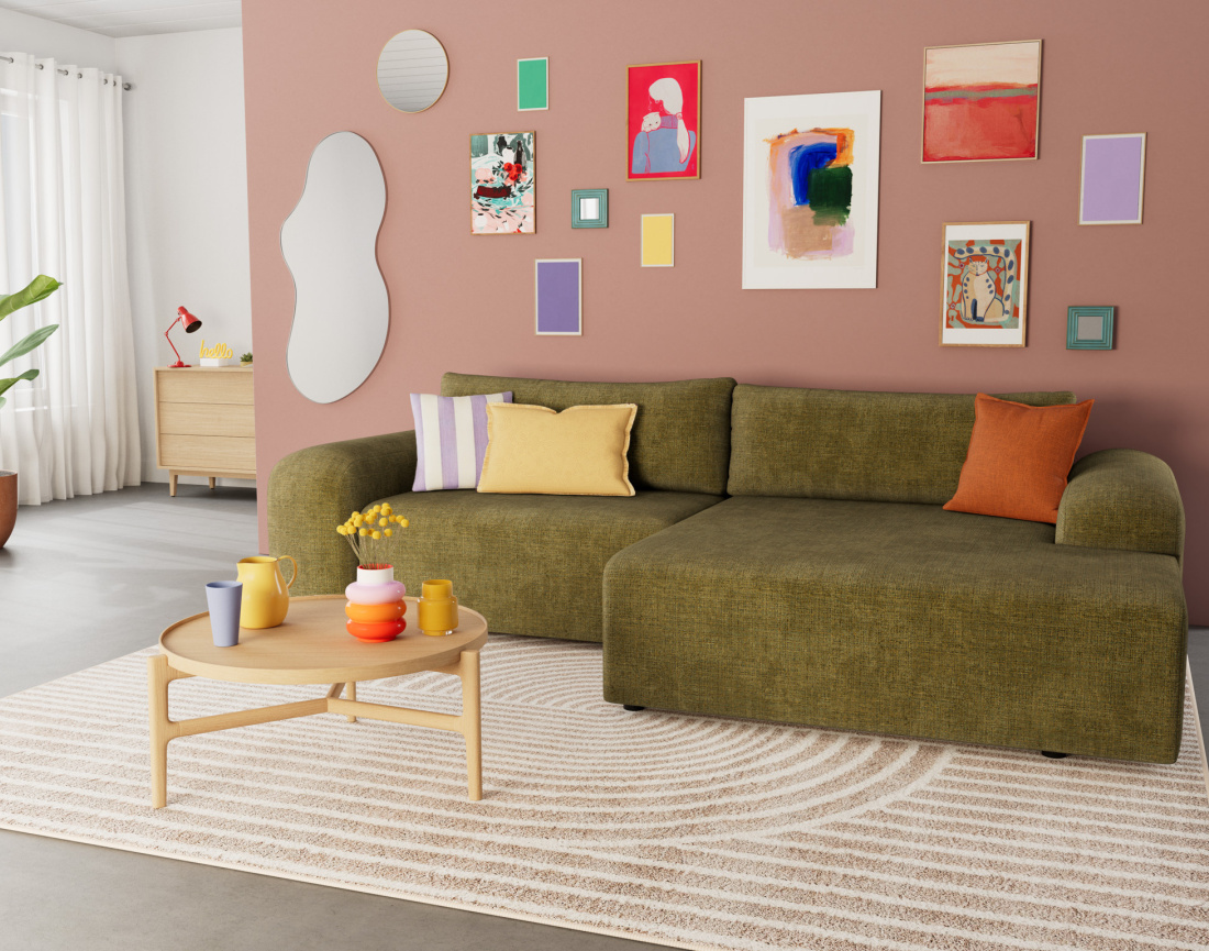 Canapé d'angle droit 4 places convertible avec coffre en velours texturé Rebecca