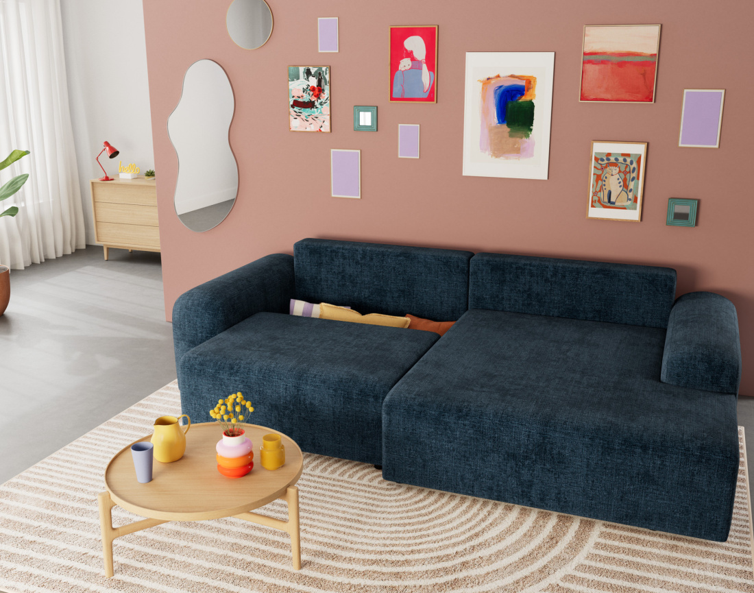 Canapé d'angle droit 4 places convertible avec coffre en velours texturé Rebecca