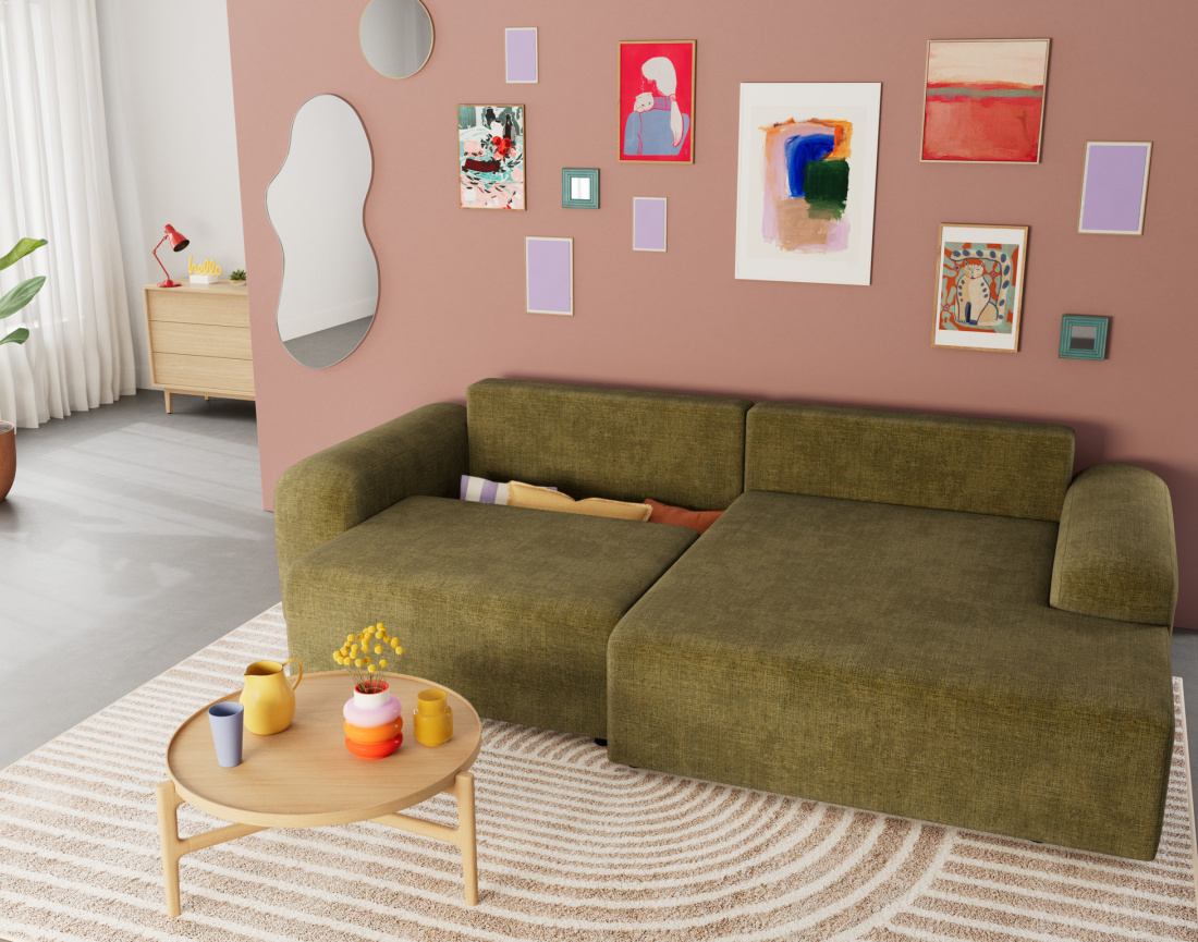 Canapé d'angle droit 4 places convertible avec coffre en velours texturé Rebecca