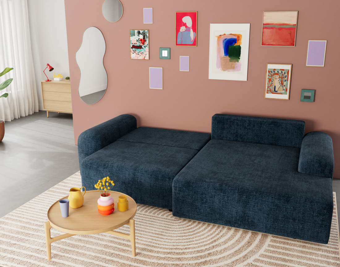 Canapé d'angle droit 4 places convertible avec coffre en velours texturé Rebecca