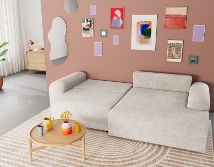 Canapé d'angle droit 4 places convertible avec coffre en velours texturé Rebecca