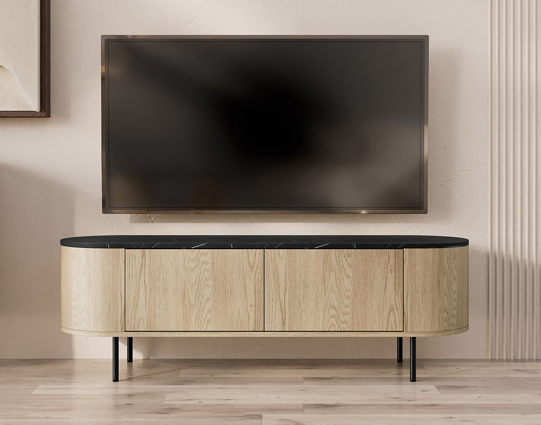 Meuble tv 139 cm 2 portes plateau effet marbre Sansa
