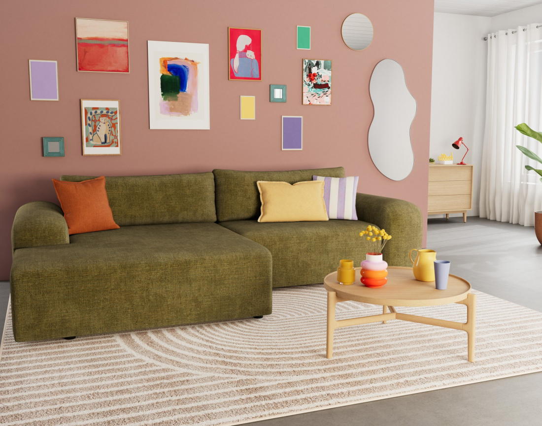 Canapé d'angle gauche 4 places convertible avec coffre en velours texturé Rebecca