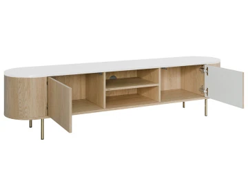 Meuble tv 184 cm 2 portes et 2 niches plateau effet marbre Sansa