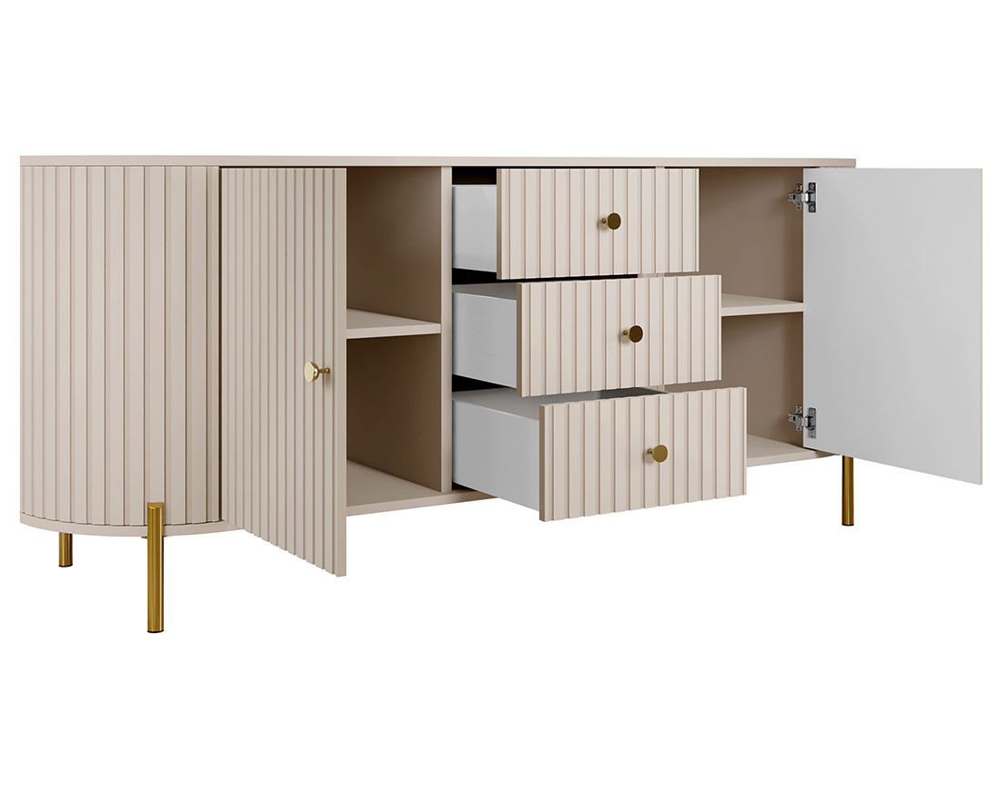 Buffet bas 178 cm 3 tiroirs, 2 portes et 2 étagères Jaime