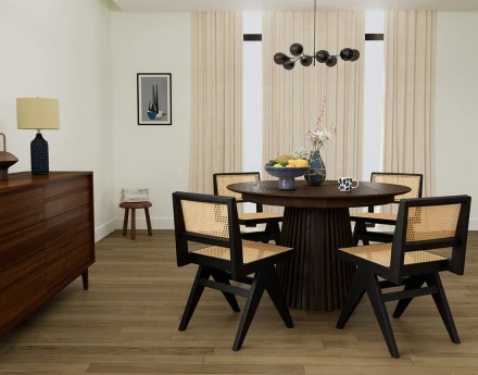 Table à manger ronde extensible bois foncé 4 à 8 personnes Freya