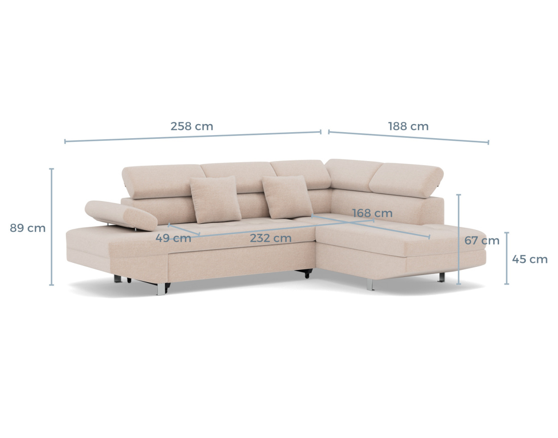 Canapé d'angle droit 5 places convertible avec coffre et têtières réglables en velours texturé Margaux