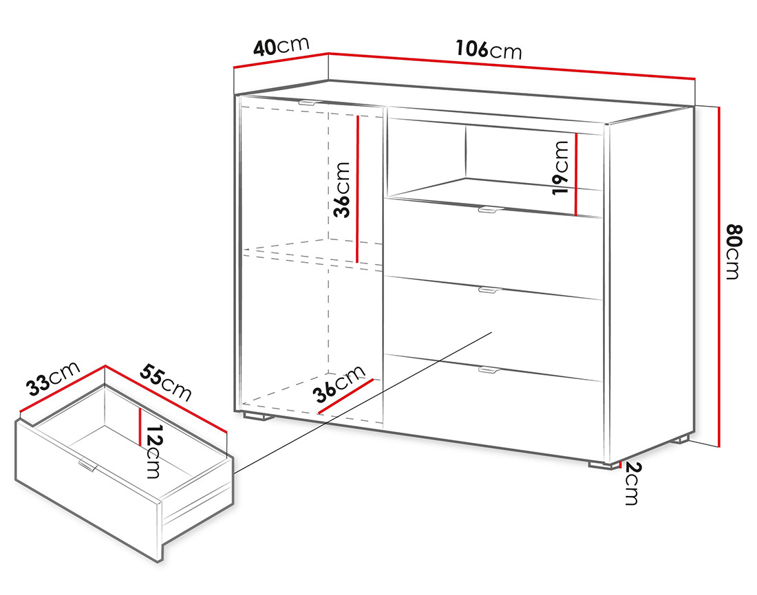 Buffet bas 106 cm 1 porte, 3 tiroirs et 1 niche Judy