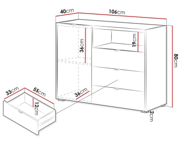 Buffet bas 106 cm 1 porte, 3 tiroirs et 1 niche Judy