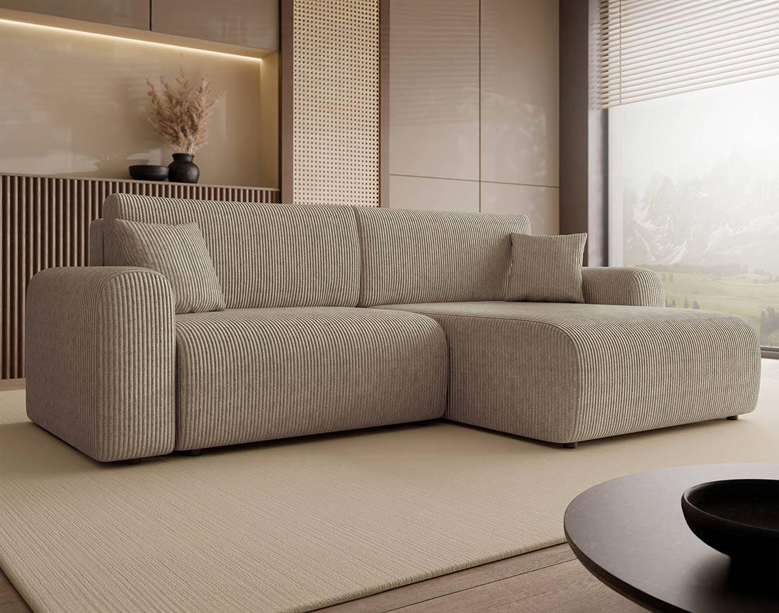 Canapé d'angle réversible 4 places convertible avec coffre en velours côtelé Naomi
