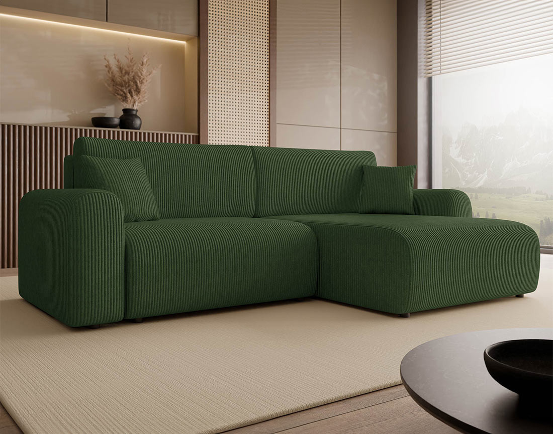 Canapé d'angle réversible 4 places convertible avec coffre en velours côtelé Naomi
