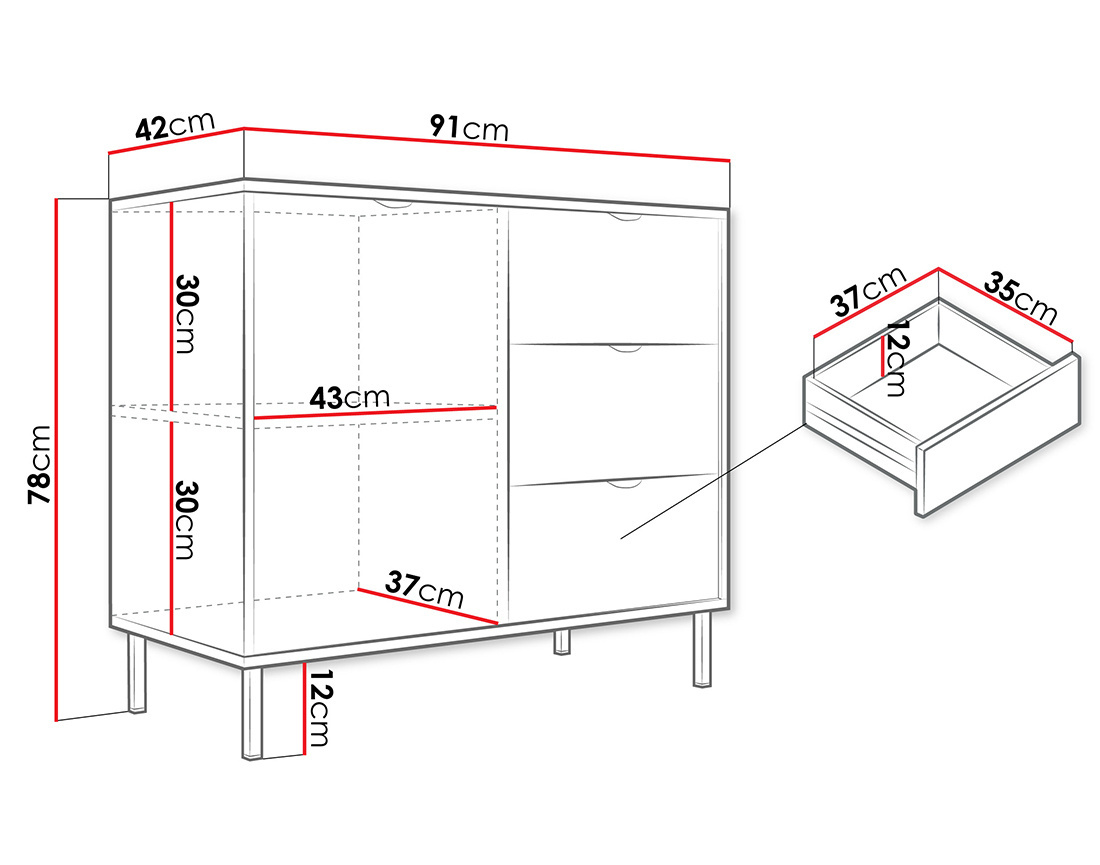 Buffet bas 91 cm 3 tiroirs et 1 porte Hope