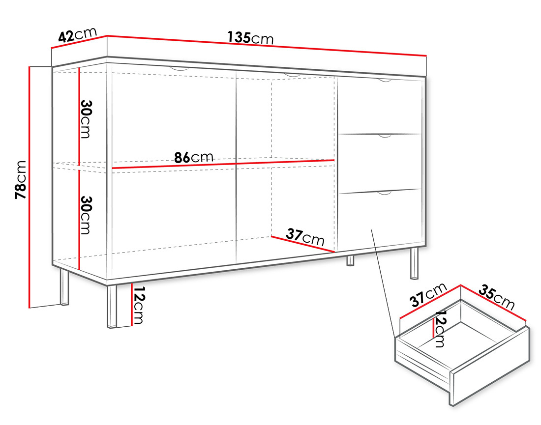 Buffet bas 135 cm 3 tiroirs et 2 portes Hope