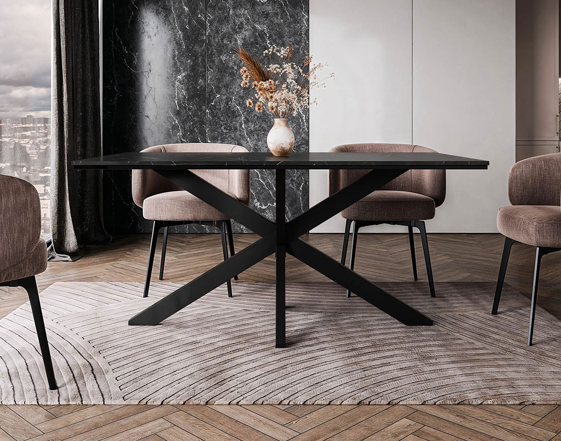 Table à manger plateau effet marbre pieds en métal 4 à 6 personnes Tom