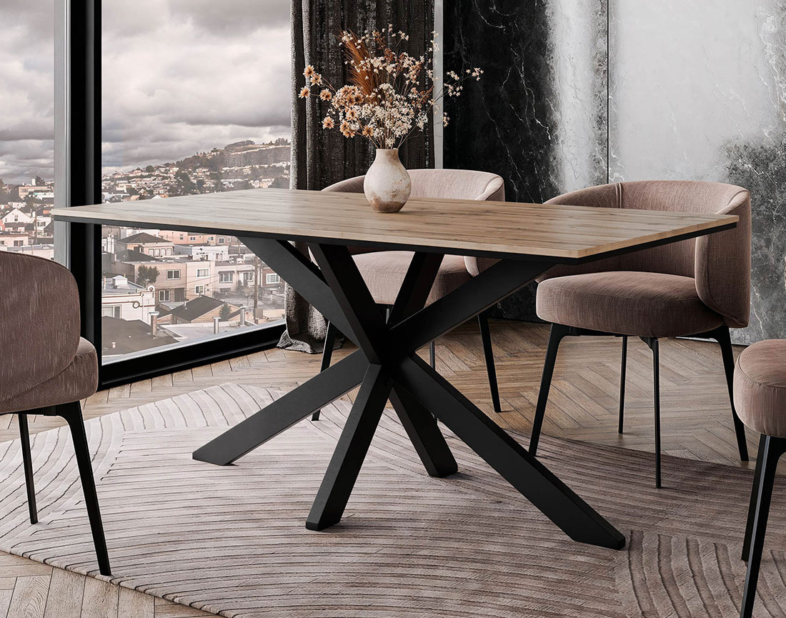 Table à manger plateau effet bois pieds en métal 4 à 6 personnes Tom