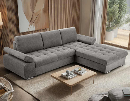 Canapé d'angle droit 4 places convertible avec coffre en tissu texturé Bianca